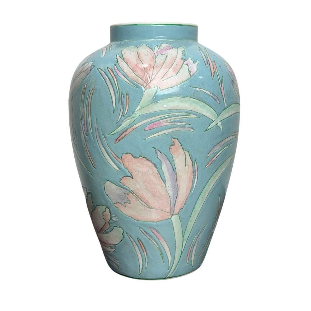 J837 - Light Blue Porcelain Vase With pink Flowers - 10in Tall